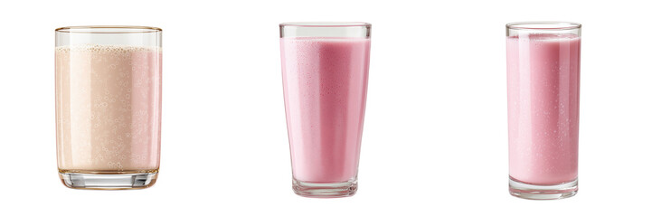 Three glasses of pink creamy beverage with foam and bubbles isolated on a transparent background drink