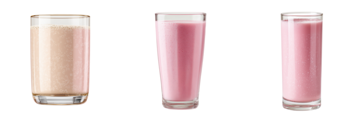 Three glasses of pink creamy beverage with foam and bubbles isolated on a transparent background drink