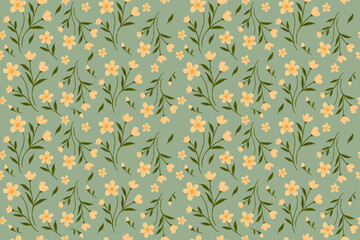 Materiał do szycia Delicate yellow floral pattern on a soft green background, featuring graceful stems and tiny blossoms, perfect for spring designs, fabrics, wallpapers, and stationery.

