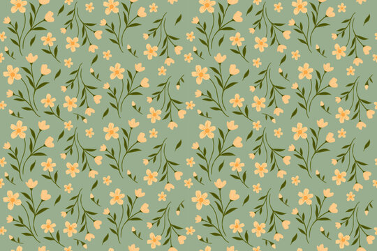 Delicate yellow floral pattern on a soft green background, featuring graceful stems and tiny blossoms, perfect for spring designs, fabrics, wallpapers, and stationery.
