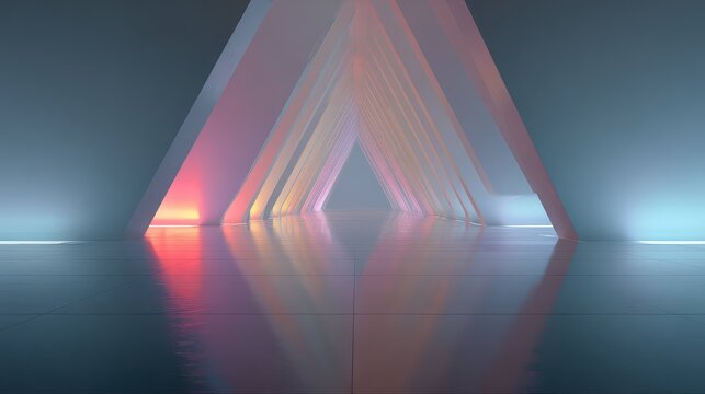 Abstract triangular tunnel with futuristic vibrant light reflections