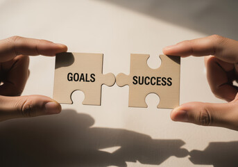 Hands holding two puzzle pieces with words Goals and Success symbolizing connection between achieving objectives and attaining success. This conveys motivation and determination
