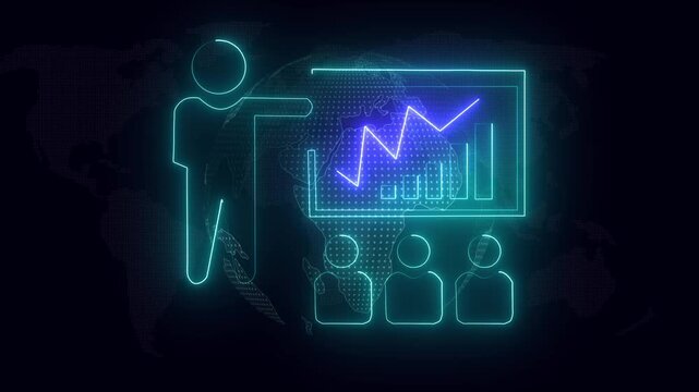 Business man drawing finance stock growth chart on a technology screen with a world map