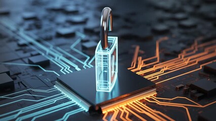 Digital unlock padlock on circuit board glowing data streams technology security concept 4K Ai HD high quality video.	
 - Powered by Adobe