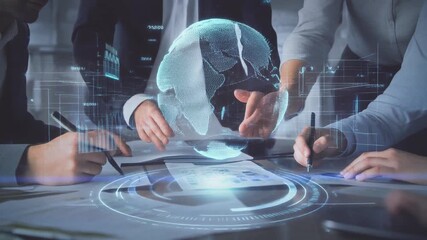 Executives strategizing with holographic globe overlaying documents - Powered by Adobe