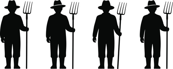 Silhouette illustration of farmers holding pitchforks, standing in row, agricultural worker vector design for farm labor, rural lifestyle, and agriculture concept art