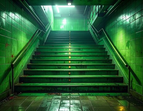 Ascending stairs in a dimly lit, green tiled subway environment