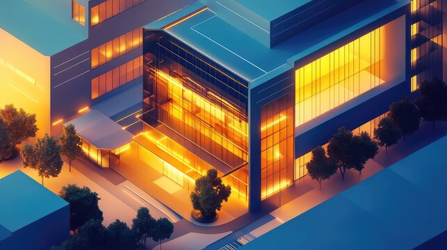 Isometric digital urban city architecture with glowing lights - Powered by Adobe