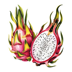 tropical pitahaya fruit whole and half cut with seeds