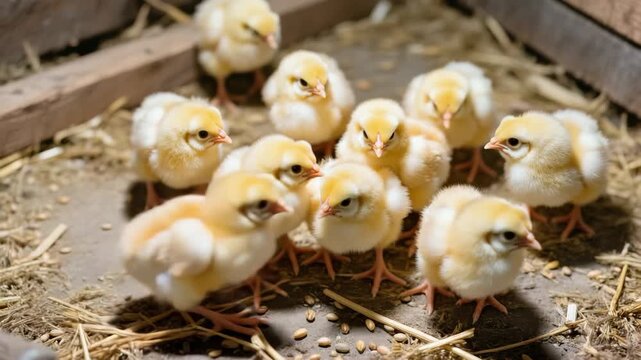 Several yellow baby chicks standing close together on a straw-covered dirt floor inside a wooden pen. Warm lighting highlights their fluffy feathers. Cute and natural setting.