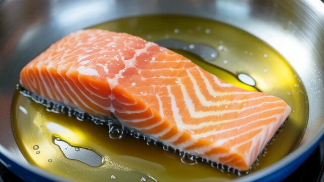 Fresh salmon fillet sizzling in hot olive oil in a cooking pan close up macro shot preparing 4K Ai HD high quality video.	

