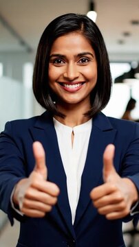 Confident businesswoman giving thumbs up in office