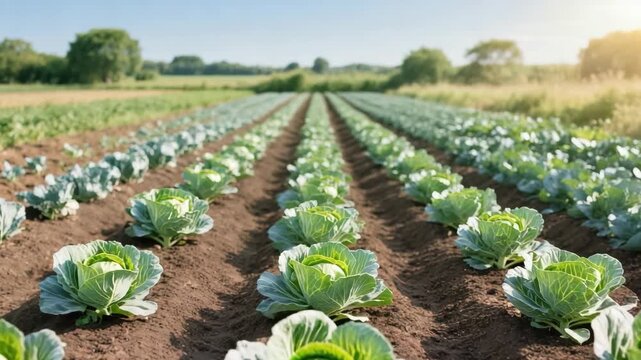 Cabbage plants in neat rows on a cultivated field, under a bright blue sky and morning sun. Healthy green leaves in fertile soil. Organic farming landscape. Natural agriculture scene.