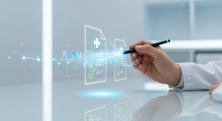 Healthcare professional interacts with digital medical records, showcasing modern approach to patient data management. scene emphasizes technology healthcare, highlighting efficiency and accuracy