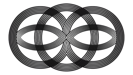 Intertwined circles pattern with parallel lines forming a complex geometric design on black background
