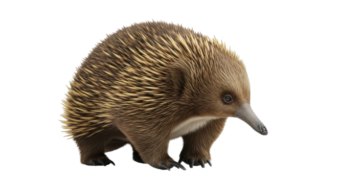 Isolated Echidna Tachyglossus Aculeatus, short-beaked monotreme spiny anteater in profile view