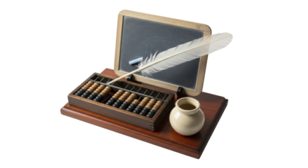 Isolated writing set with abacus, slate, inkwell, and quill pen for arithmetic lessons