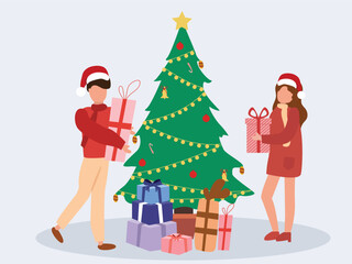 Happy people  preparing for Christmas holidays at home. People decorating Xmas tree. Presenting and buy gifts. Preparation for winter holidays. vector illustrations