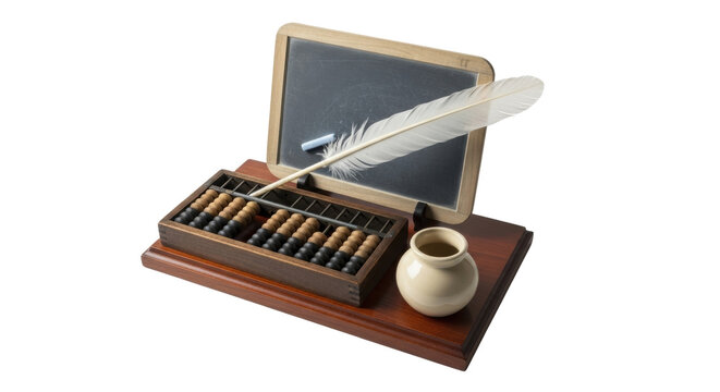 Isolated writing set with abacus, slate, inkwell, and quill pen for arithmetic lessons