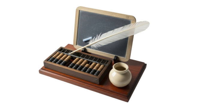Isolated writing set with abacus, slate, inkwell, and quill pen for arithmetic lessons