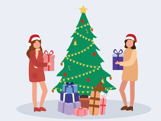 Happy people  preparing for Christmas holidays at home. People decorating Xmas tree. Presenting and buy gifts. Preparation for winter holidays. vector illustrations