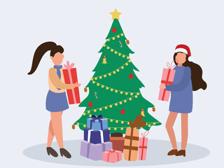 Happy people  preparing for Christmas holidays at home. People decorating Xmas tree. Presenting and buy gifts. Preparation for winter holidays. vector illustrations