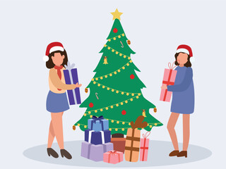 Happy people  preparing for Christmas holidays at home. People decorating Xmas tree. Presenting and buy gifts. Preparation for winter holidays. vector illustrations