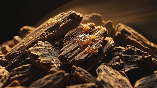 Close-up shot of dark brown wood pieces with golden resin, possibly incense or oud.
