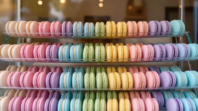 Multiple rows of pastel macarons in various colors are perfectly aligned in a glass bakery display. Bright, soft and appealing texture. A sweet and elegant treat. Colorful dessert concept.
