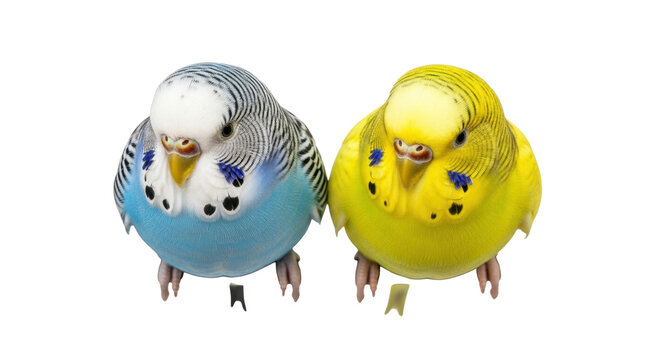 Isolated Pair of Adorable Pet Budgerigars, Colorful Parakeets, Cute Bird, Animal Image