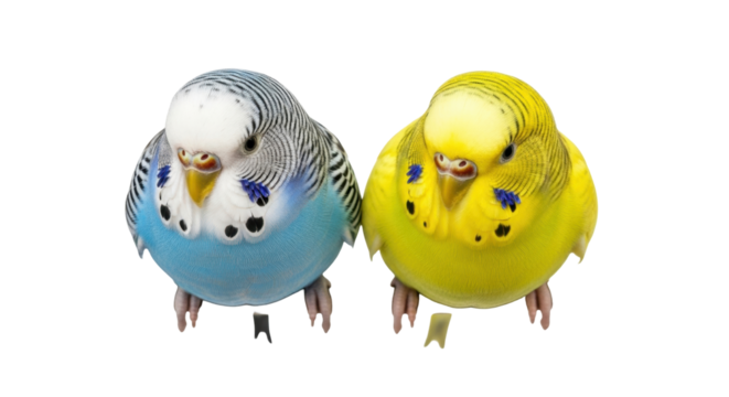 Isolated Pair of Adorable Pet Budgerigars, Colorful Parakeets, Cute Bird, Animal Image
