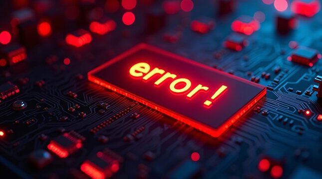 A glowing red "error!" sign on a dark circuit board with red and blue lights.