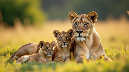Group of lions resting in a lush green meadow