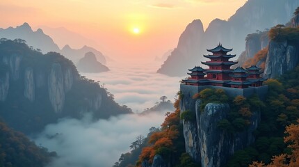 A scenic view of a traditional Chinese pagoda complex on a rocky peak, with misty mountains and a sunrise sky.