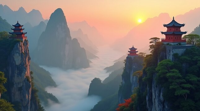 A scenic view of traditional Chinese pagodas on rocky peaks, with misty mountains and a sunrise sky. - Powered by Adobe