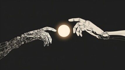 Depiction of two metallic robotic hands, reaching towards a glowing sphere, representing connection, creation, and technological advancement, set against a contrasting dark background.