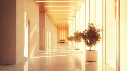 Modern hallway interior with warm sunlight and minimalist design