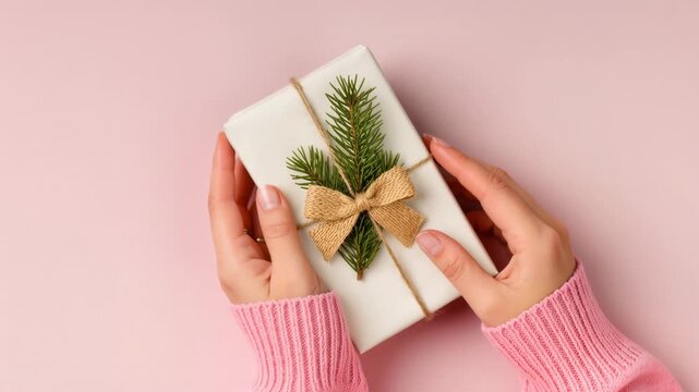 Hands in a pink sweater hold a simple Christmas gift wrapped in white paper, decorated with twine, pine branches and a burlap bow. Soft pink background. Natural holiday vibe.