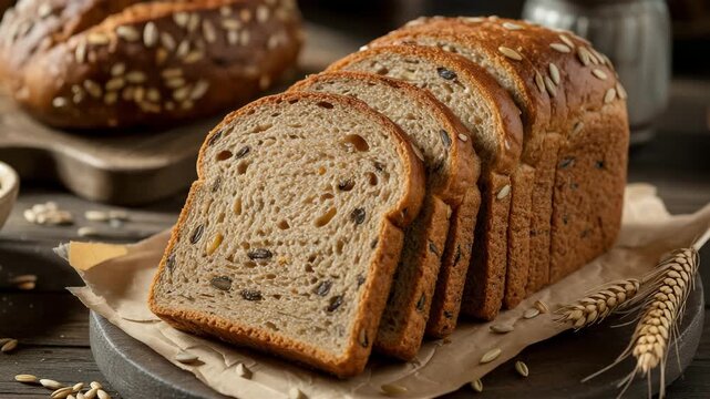 Sliced Whole Grain Bread with Seeds and Wheat Stalks Rustic Wooden Table Background 4K Ai HD high quality video.	
