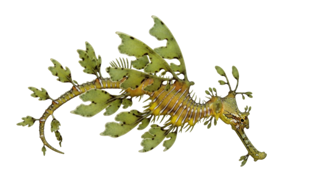 Isolated leafy seadragon, ornate marine animal resembling seaweed, camouflage in aquatic environment