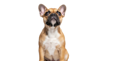 Isolated French bulldog puppy sitting attentively looking up, on neutral, seamless backdrop