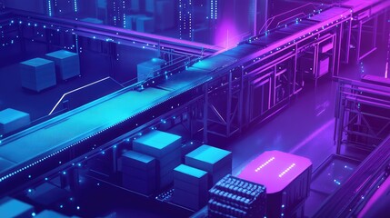 Automated logistics system operating in futuristic neon factory