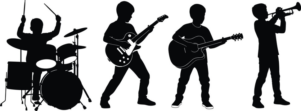 Silhouette of children playing music instruments, kids rock band performance with drums guitar and trumpet, vector illustration of musical teamwork and creativity