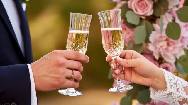Close-up of bride and groom toasting with champagne in crystal glasses, wearing wedding rings. Surrounded by pink flowers and greenery. Celebration of love. Elegant and festive.