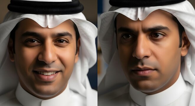Close-up portraits of two men wearing traditional Middle Eastern attire, including white thobes and head coverings, showcasing different facial expressions and styles