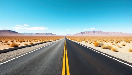 Sun drenched asphalt ribbon cutting through a vast, arid desert landscape under a clear blue sky. An endless, perfectly straight asphalt road cutting through a vast, sun drenched desert. The sky is a