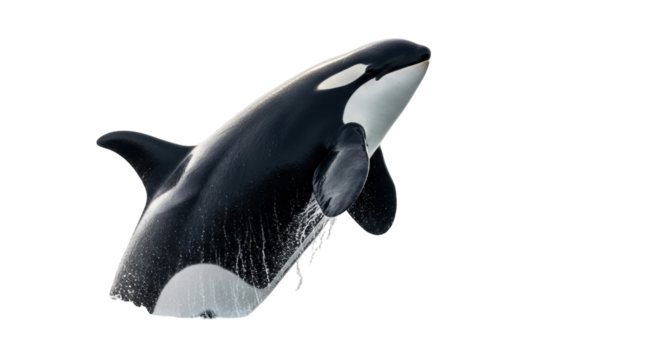 Isolated Killer whale breaching sea surface, Orcinus orca with impressive physique jumping out