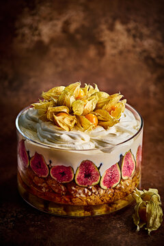 Fig and Physalis Trifle with Cream and Crumbled Biscuit Layers
