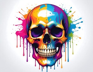 A vibrant skull illustration featuring a burst of colorful paint splatters, against a white background. The skull is detailed
