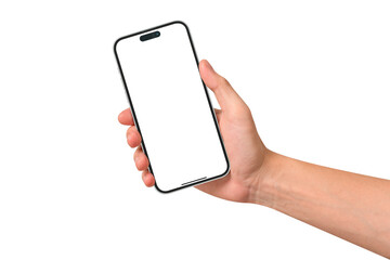 A hand showing a modern smartphone with a blank screen, isolated on transparent PNG.	